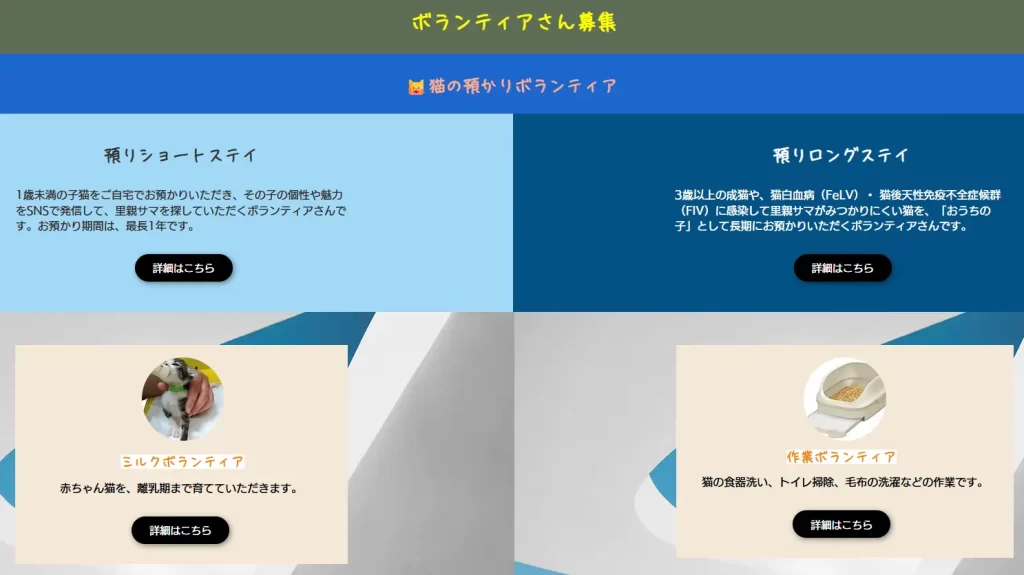 「花の木シェルター」の保護猫ボランティア募集ページ